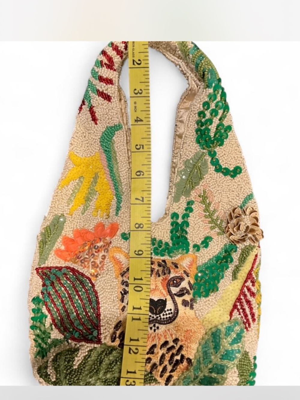 Hand-Beaded Leopard Floral Tote Bag in Cream and Green - Picture 3 of 6